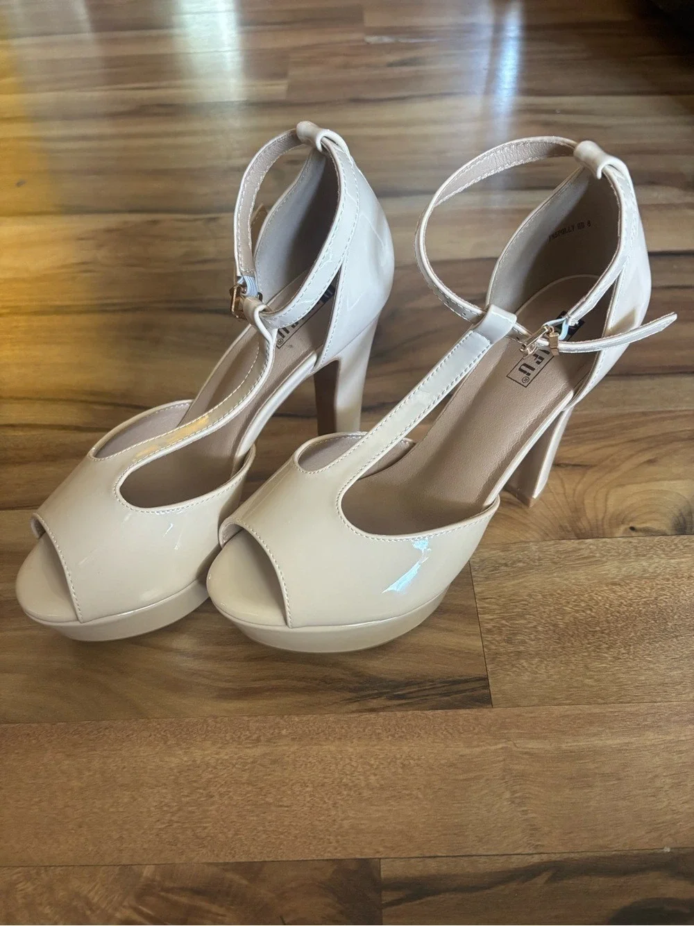 Idifu Nude T-Strap Platform Peep-Toe Heels Size 8